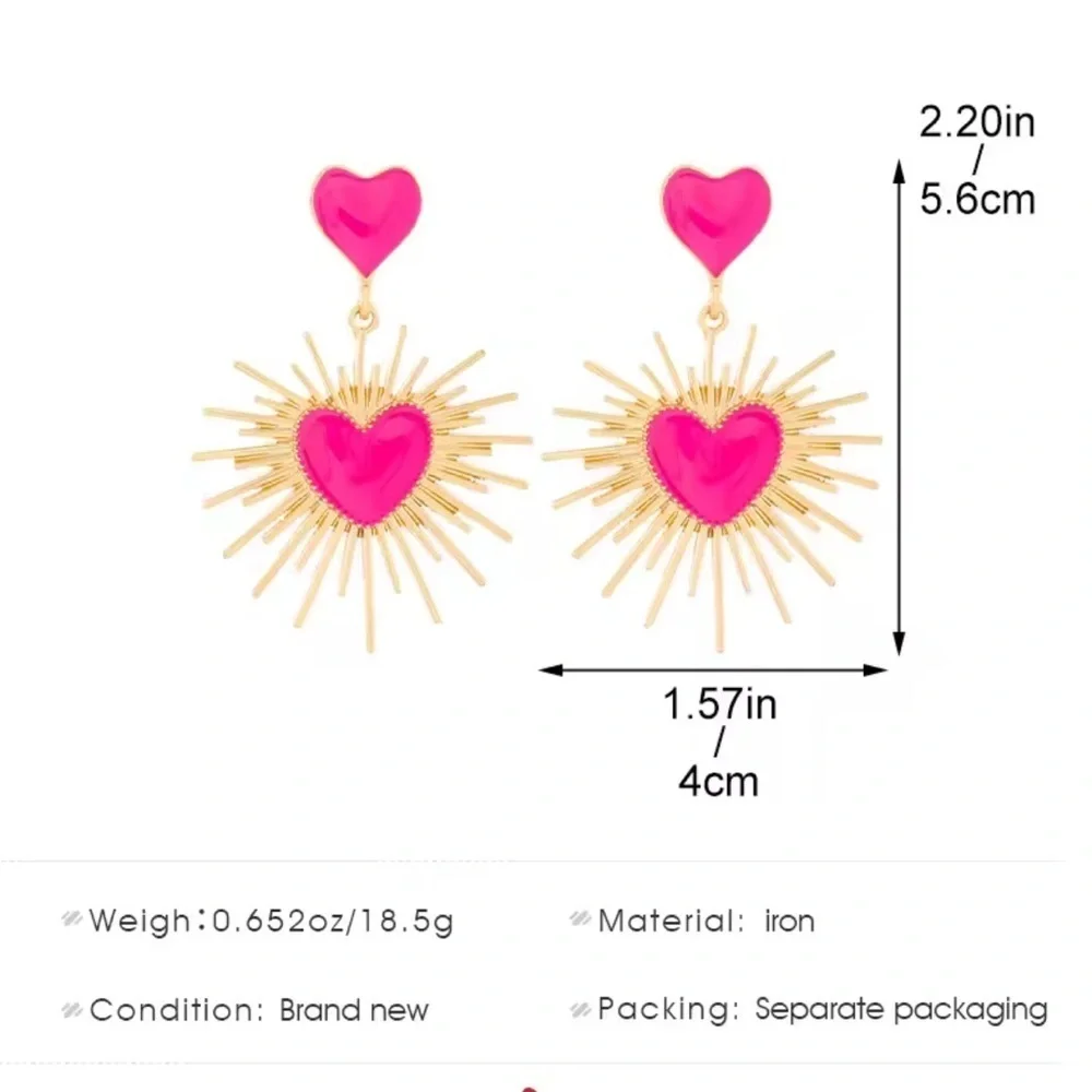 Pink Heart Statement Retro Gold Sunburst Dangle Valentine’s Day Jewelry